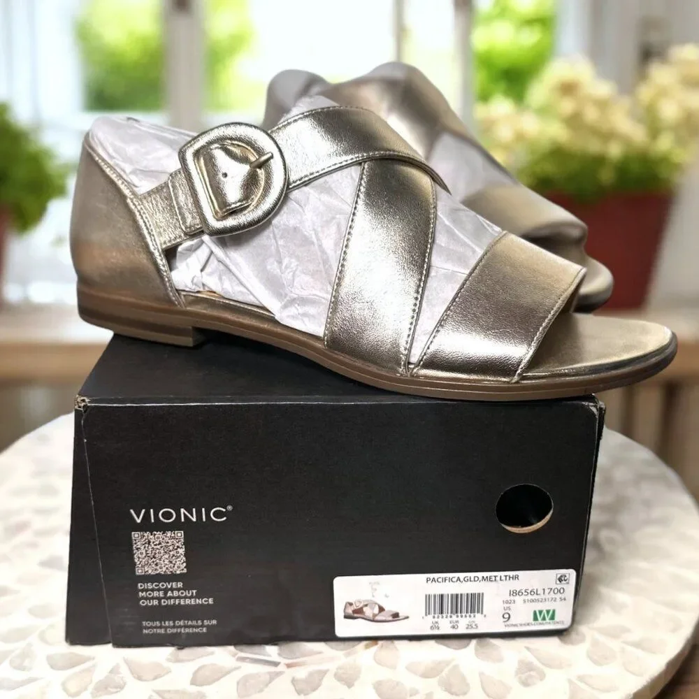 Vionic Pacifica Supportive Orthotic Sandal Gold Metallic Leather Women’s 9 Wide